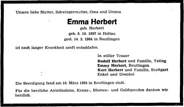 Herbert Emma 1897-1984 Todesanzeige